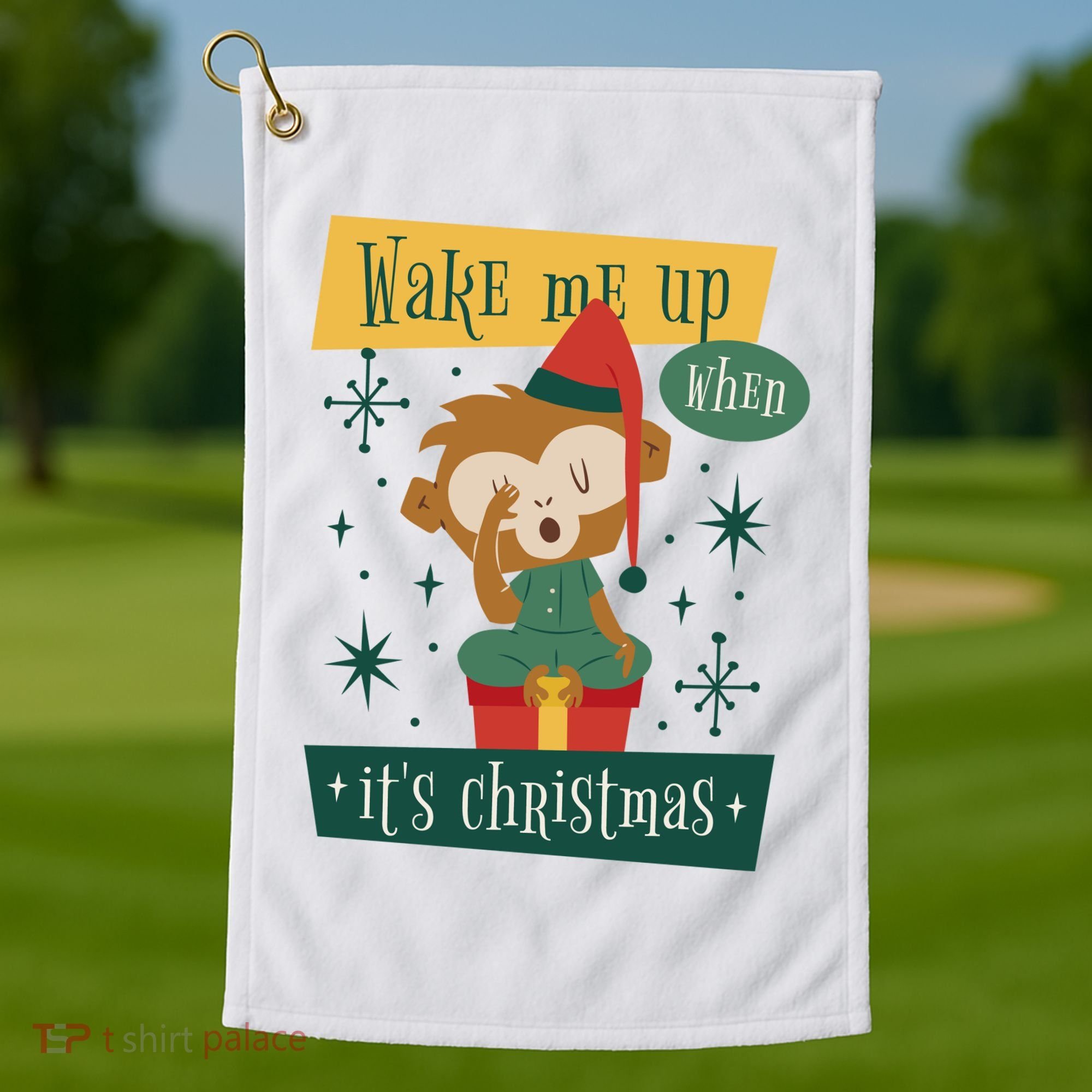 Wake Me Up When It's Christmas Monkey Cute Golf Towel