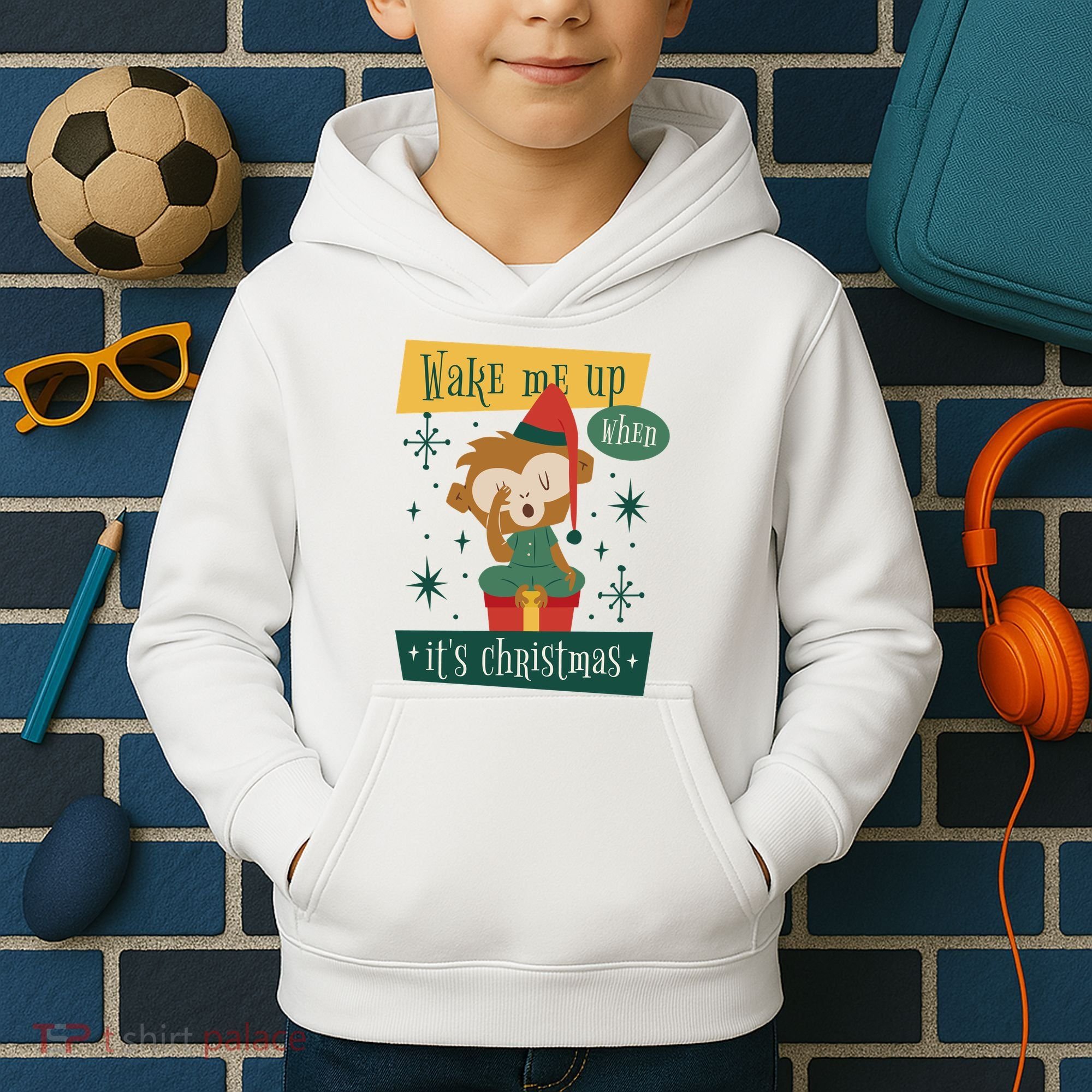 Wake Me Up When It's Christmas Monkey Cute Kids Hoodie