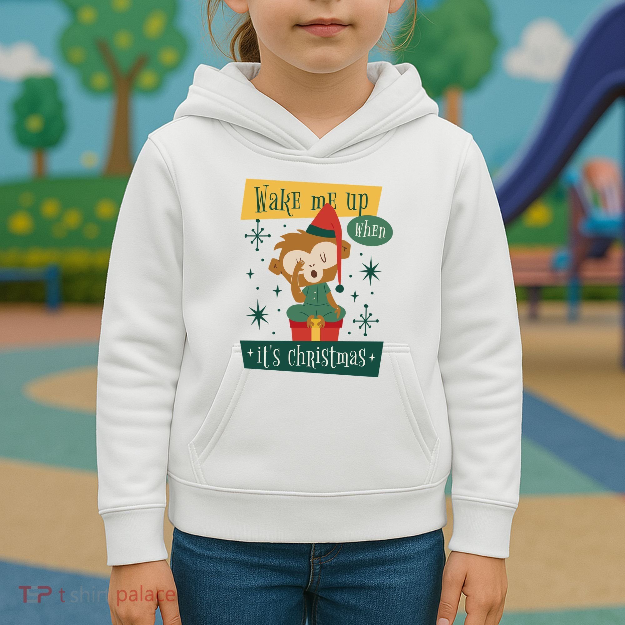 Wake Me Up When It's Christmas Monkey Cute Kids Hoodie