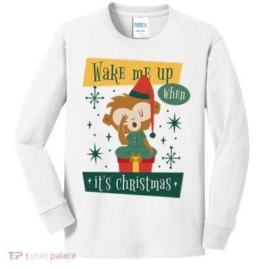 Wake Me Up When It's Christmas Monkey Cute Kids Long Sleeve Shirt