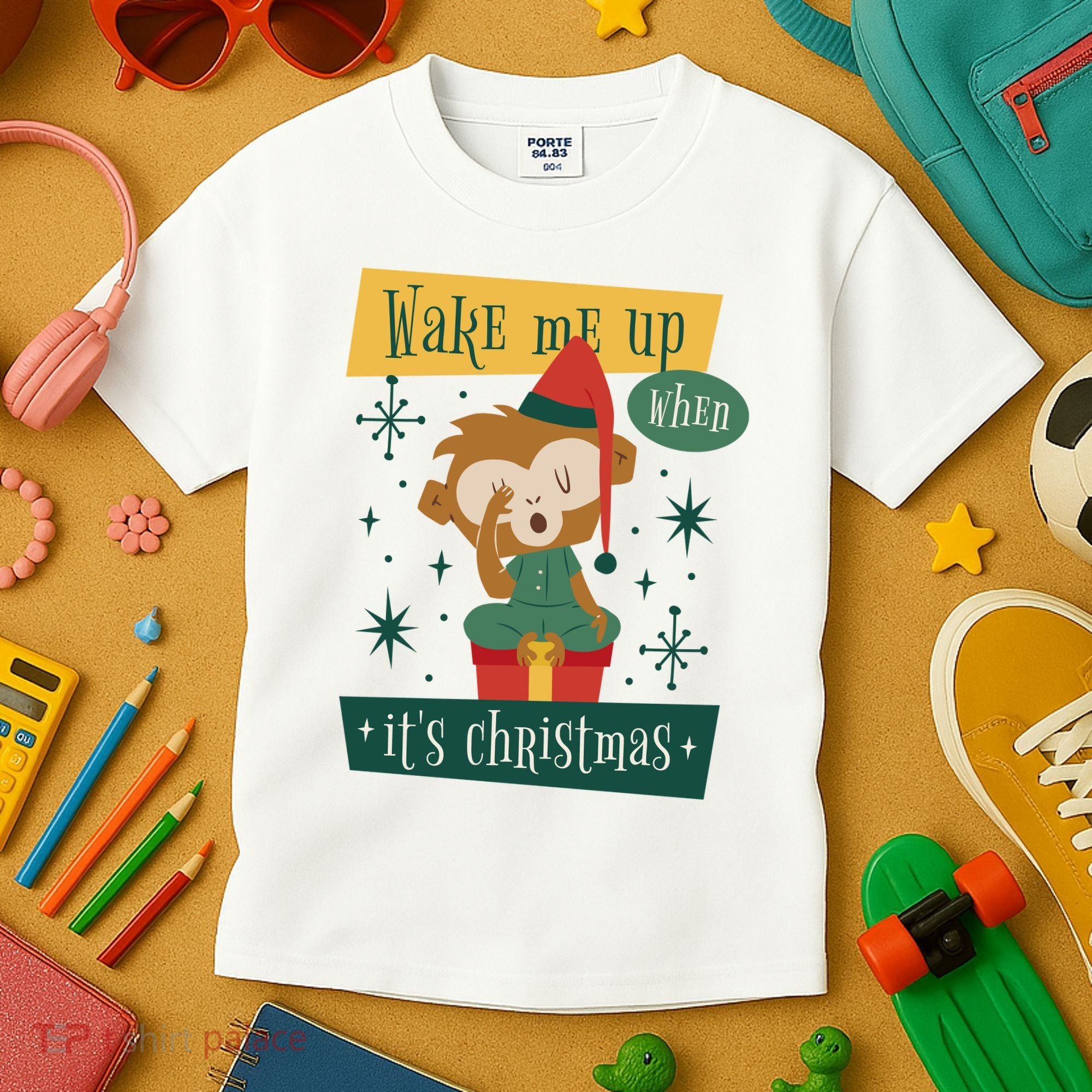 Wake Me Up When It's Christmas Monkey Cute Kids T-Shirt