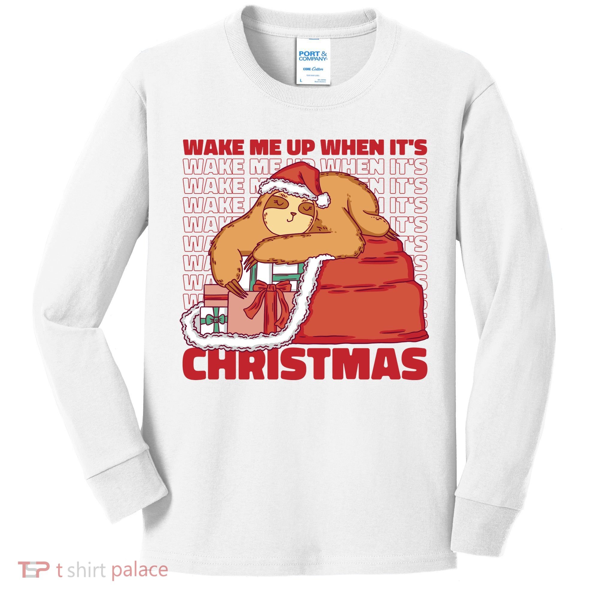 Wake Me Up When It's Christmas Sleeping Sloth Kids Long Sleeve Shirt