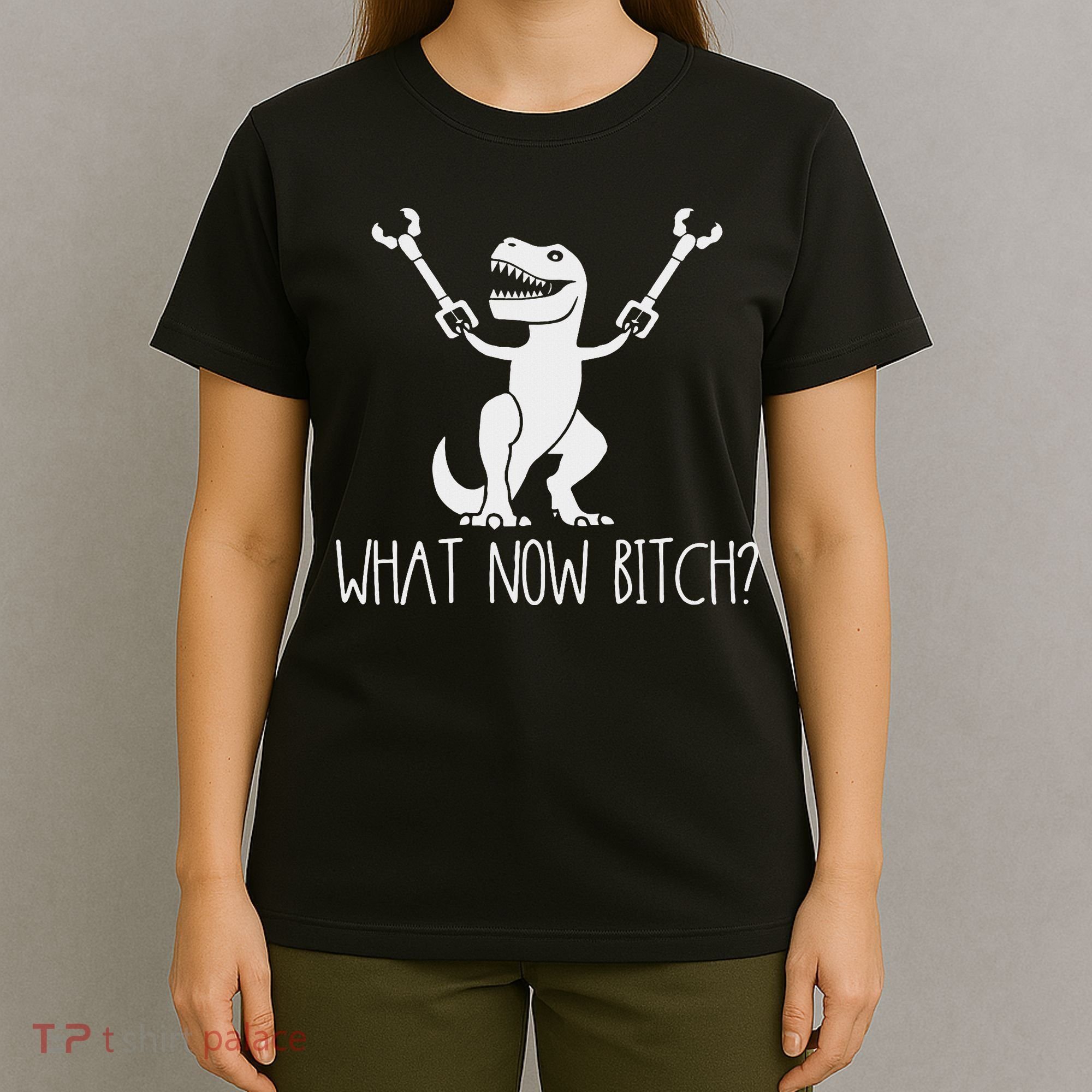 What Now Bitch Funny T Rex Dinosaur T-Shirt