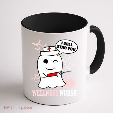 Wellness Nurse Halloween I Will Stab You Funny Ghost Gift Coffee Mug back