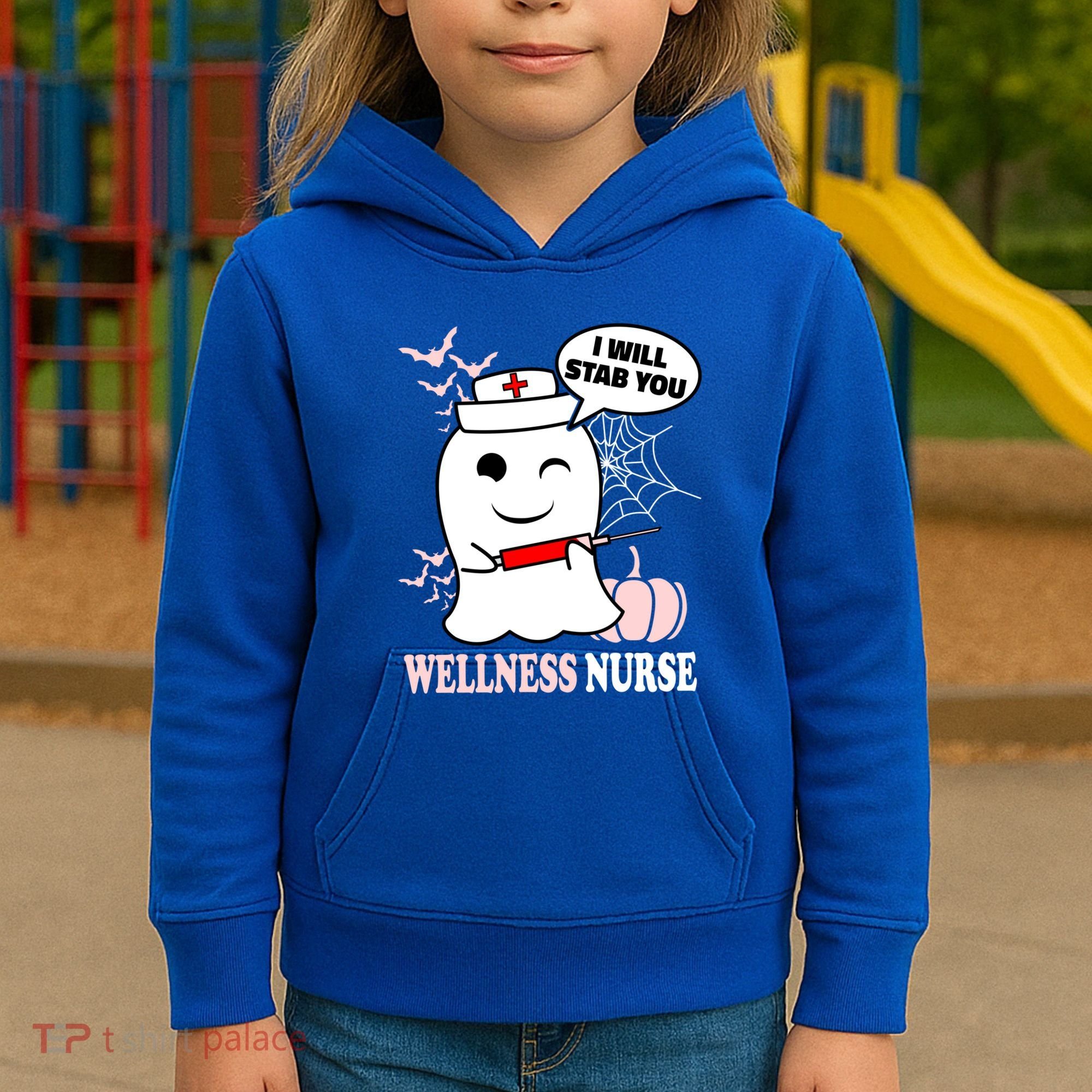 Wellness Nurse Halloween I Will Stab You Funny Ghost Gift Kids Hoodie