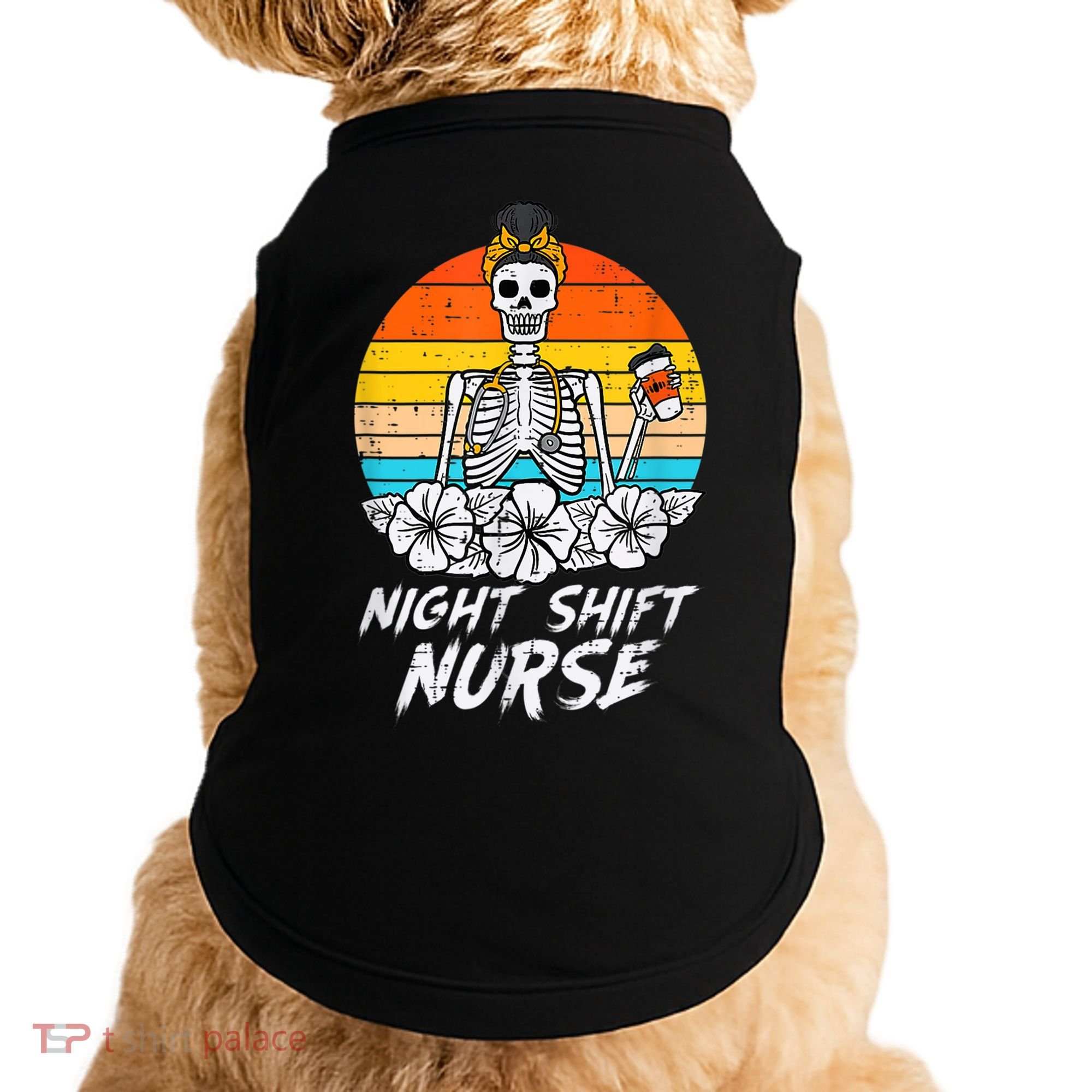 Womens Night Shift Nurse Skeleton Retro Halloween Scrub Doggie Tank