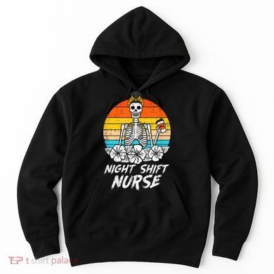 Womens Night Shift Nurse Skeleton Retro Halloween Scrub Hoodie