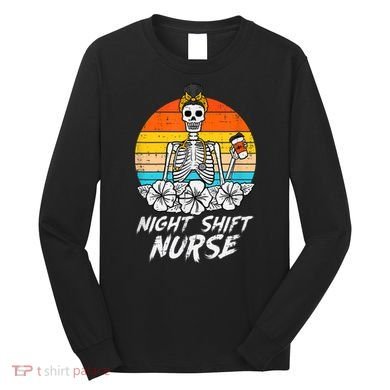 Womens Night Shift Nurse Skeleton Retro Halloween Scrub Long Sleeve Shirt