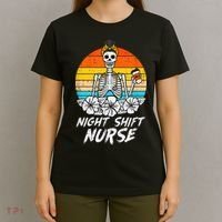 Womens Night Shift Nurse Skeleton Retro Halloween Scrub T-Shirt thumb 4