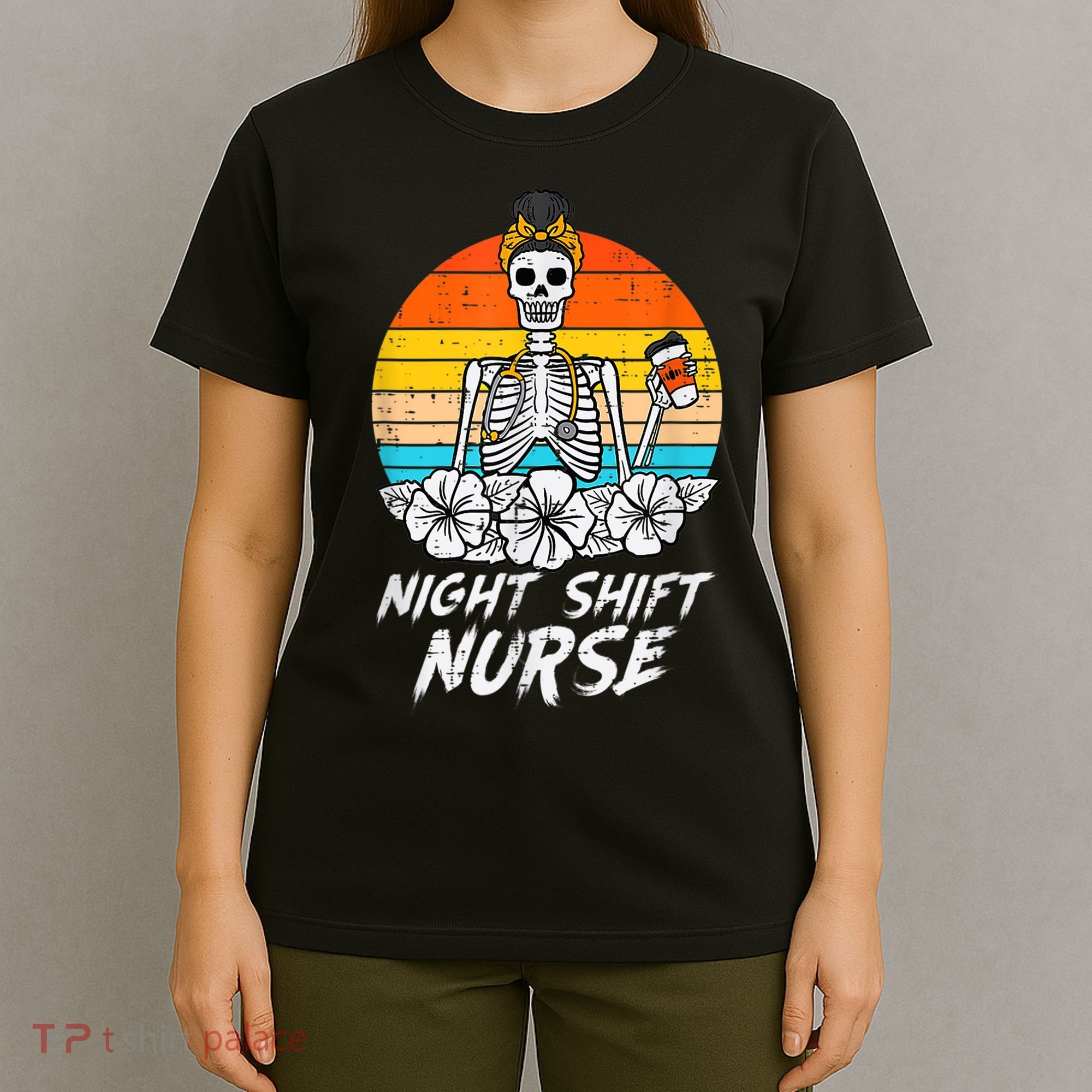 Womens Night Shift Nurse Skeleton Retro Halloween Scrub T-Shirt