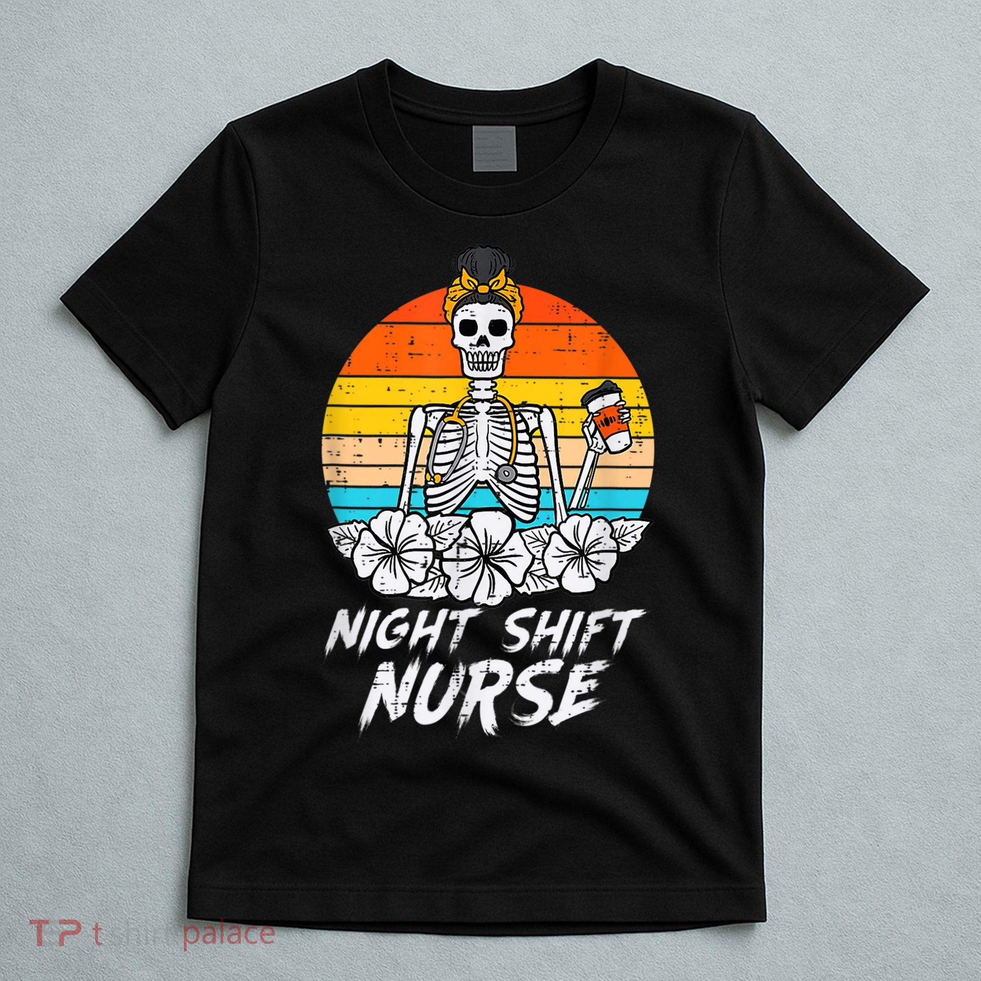 Womens Night Shift Nurse Skeleton Retro Halloween Scrub T-Shirt