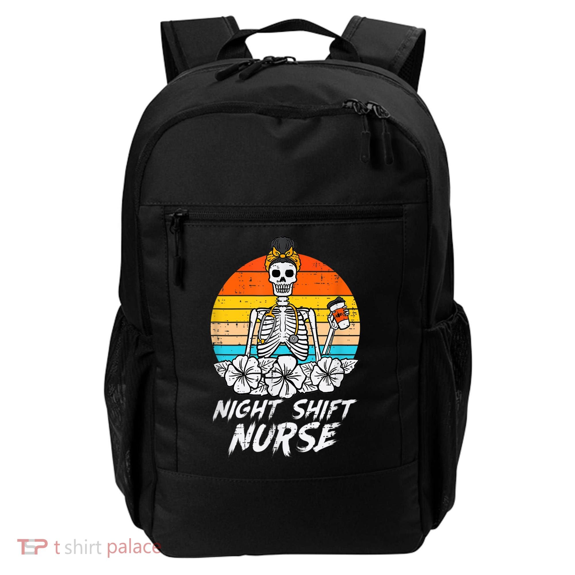 Womens Night Shift Nurse Skeleton Retro Halloween Scrub Backpack