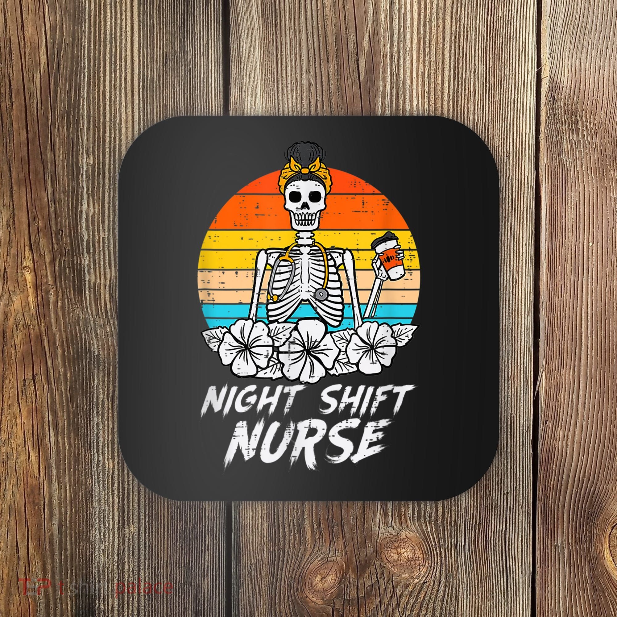 Womens Night Shift Nurse Skeleton Retro Halloween Scrub Coaster