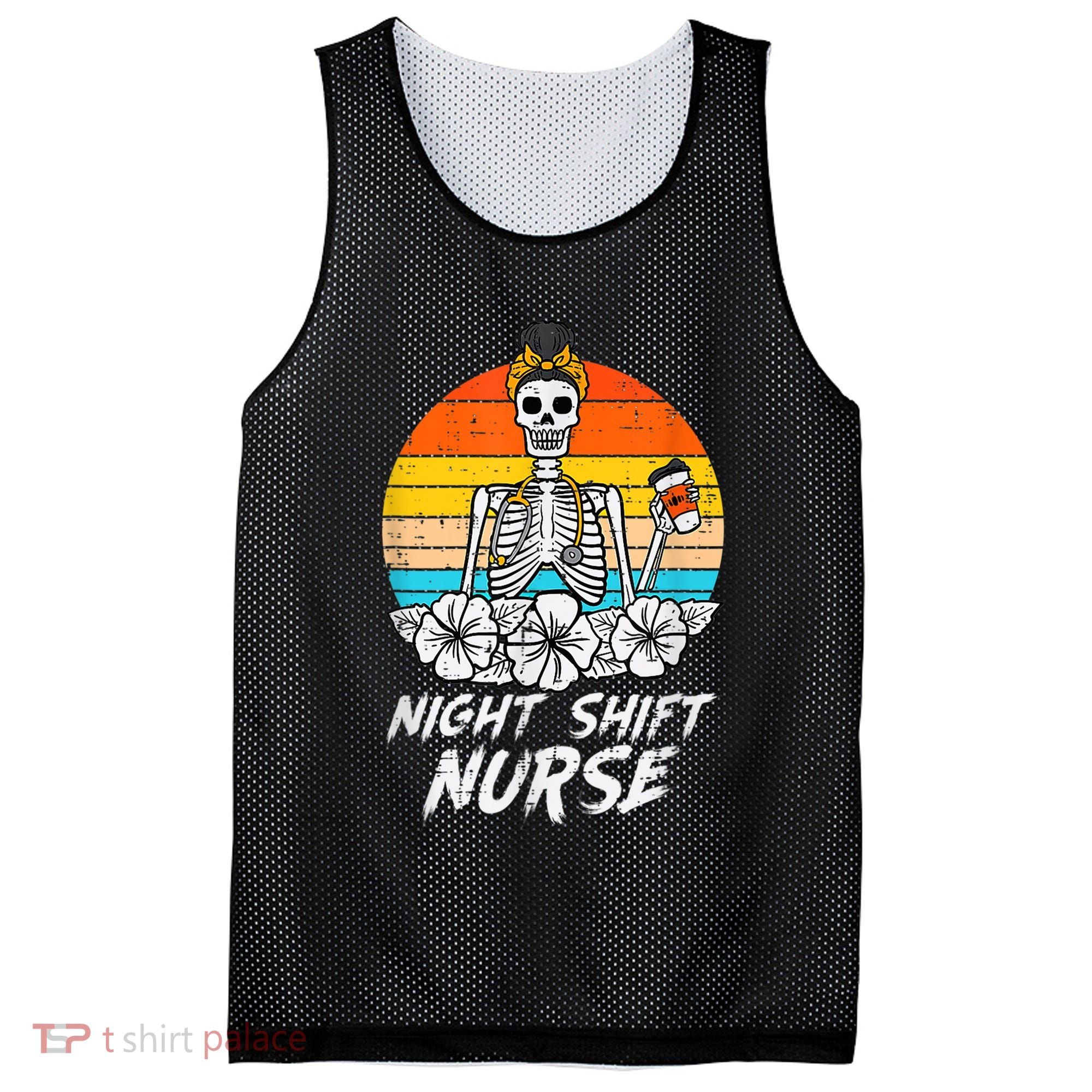Womens Night Shift Nurse Skeleton Retro Halloween Scrub Mesh Reversible Basketball Jersey Tank