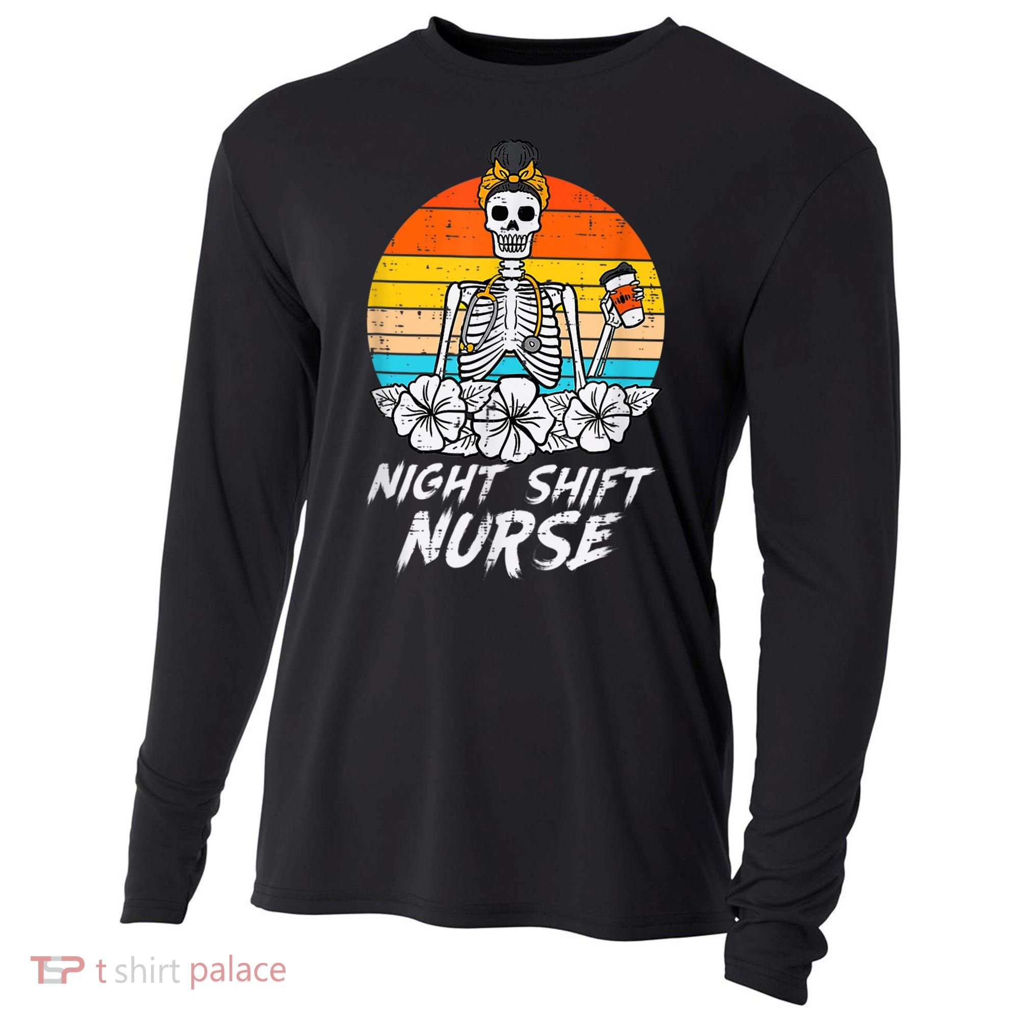 Womens Night Shift Nurse Skeleton Retro Halloween Scrub Cooling Performance Long Sleeve Crew