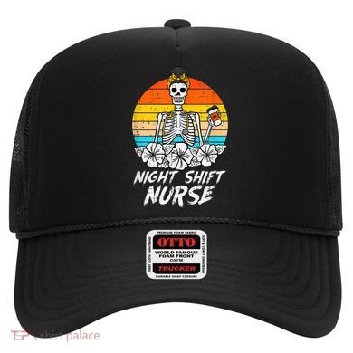 Womens Night Shift Nurse Skeleton Retro Halloween Scrub Hat