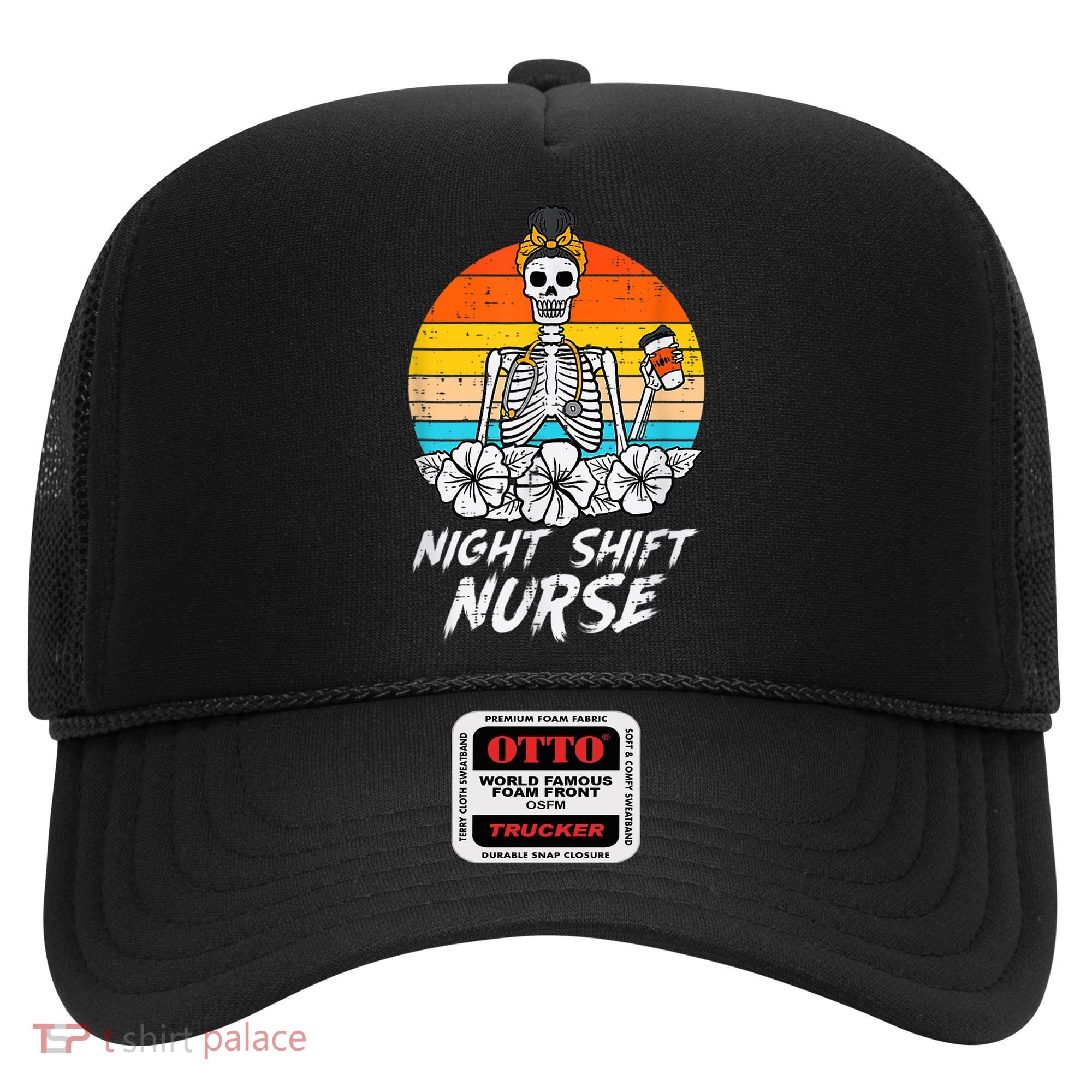 Womens Night Shift Nurse Skeleton Retro Halloween Scrub Hat