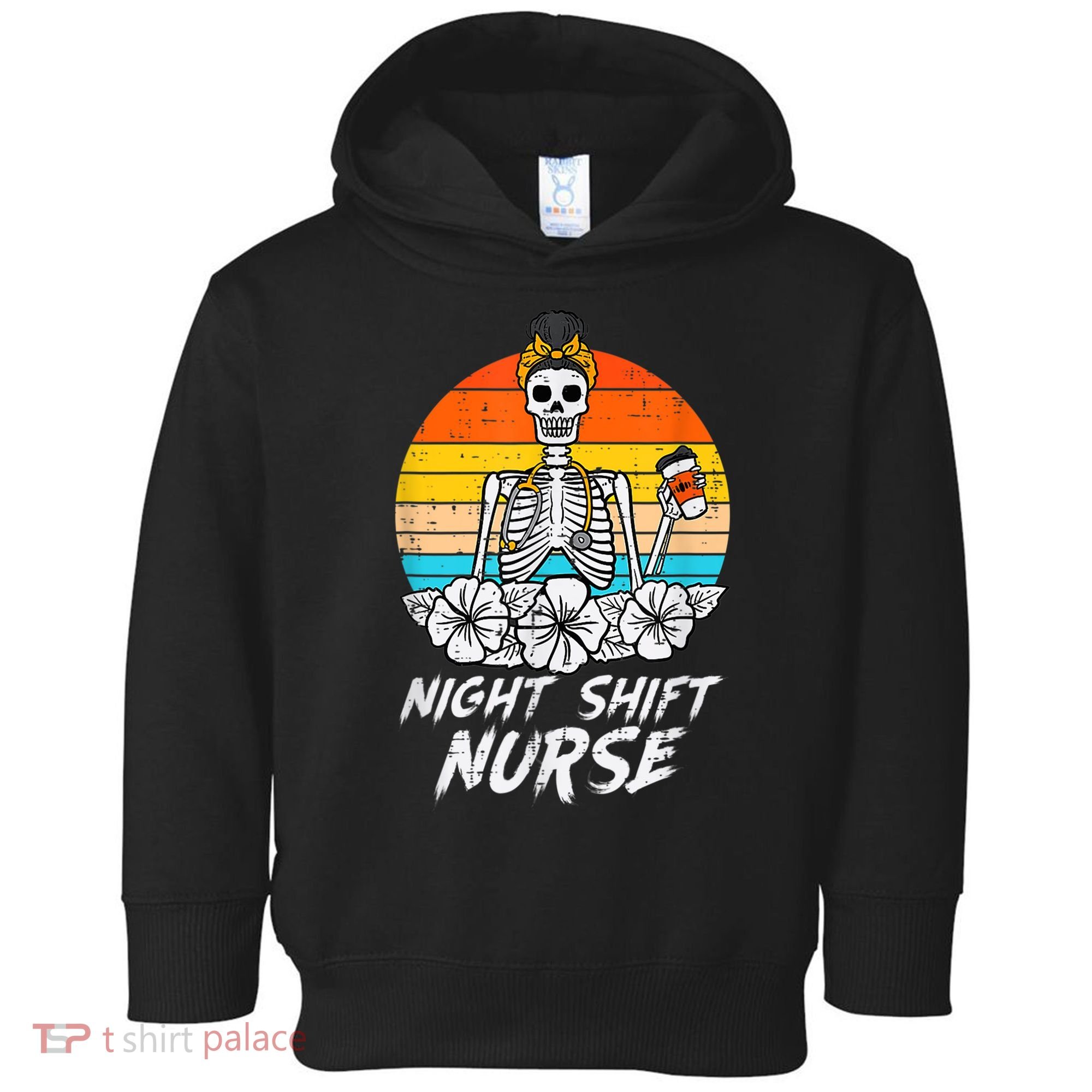 Womens Night Shift Nurse Skeleton Retro Halloween Scrub Toddler Hoodie