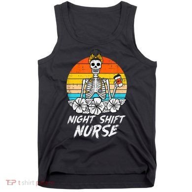 Womens Night Shift Nurse Skeleton Retro Halloween Scrub Tank Top