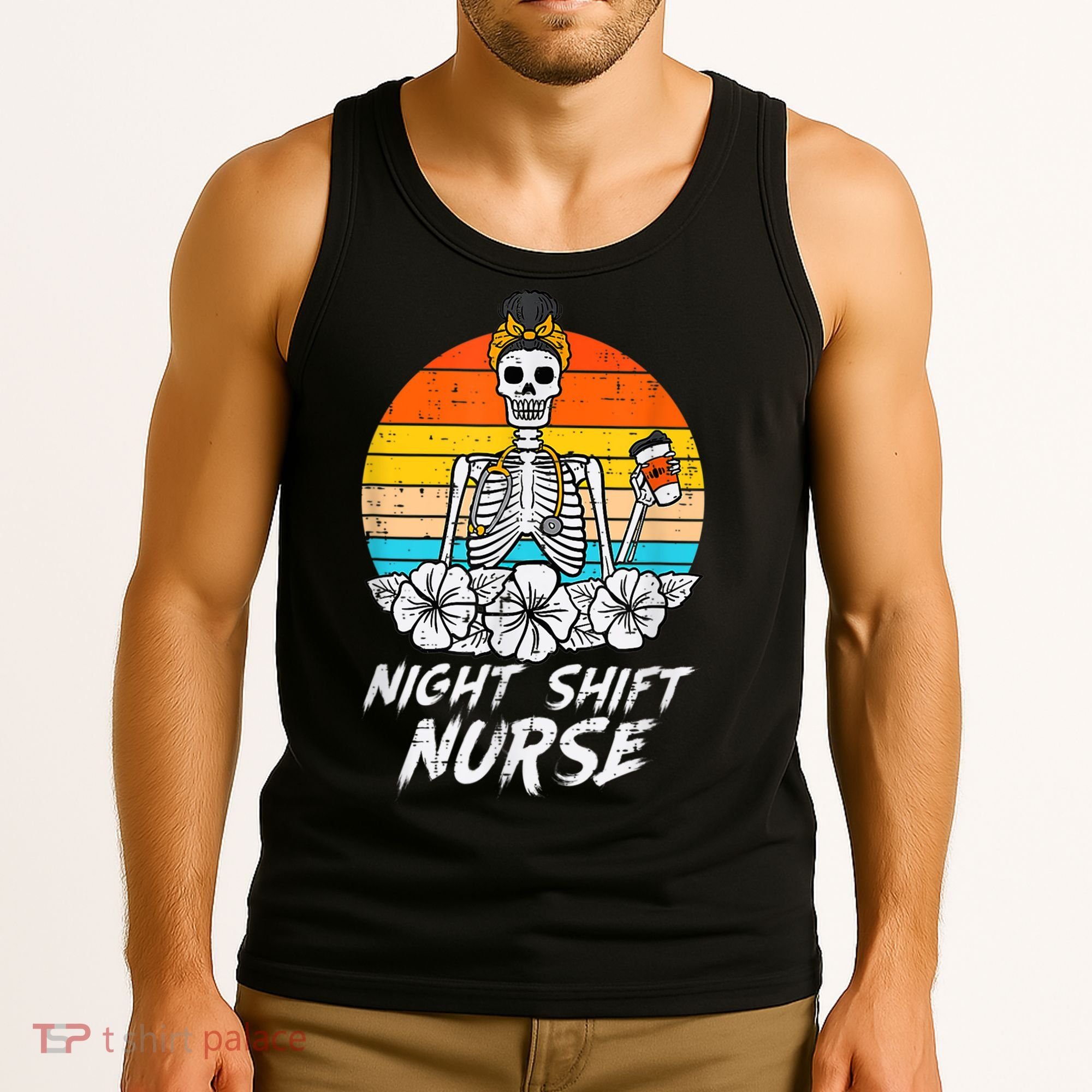 Womens Night Shift Nurse Skeleton Retro Halloween Scrub Tank Top