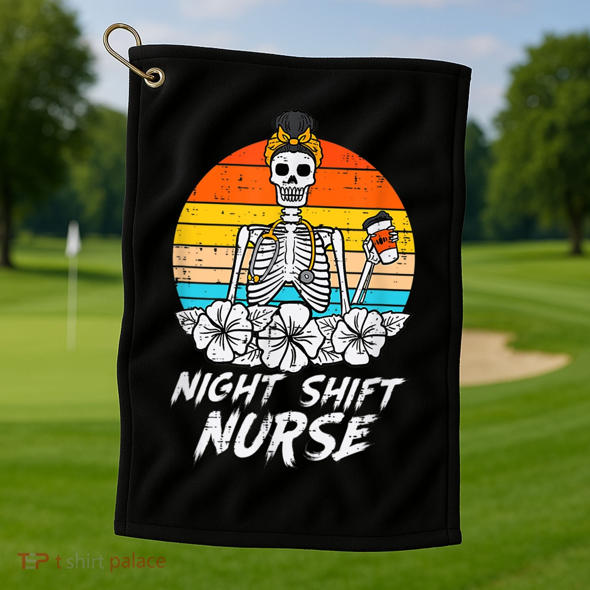 Womens Night Shift Nurse Skeleton Retro Halloween Scrub Golf Towel