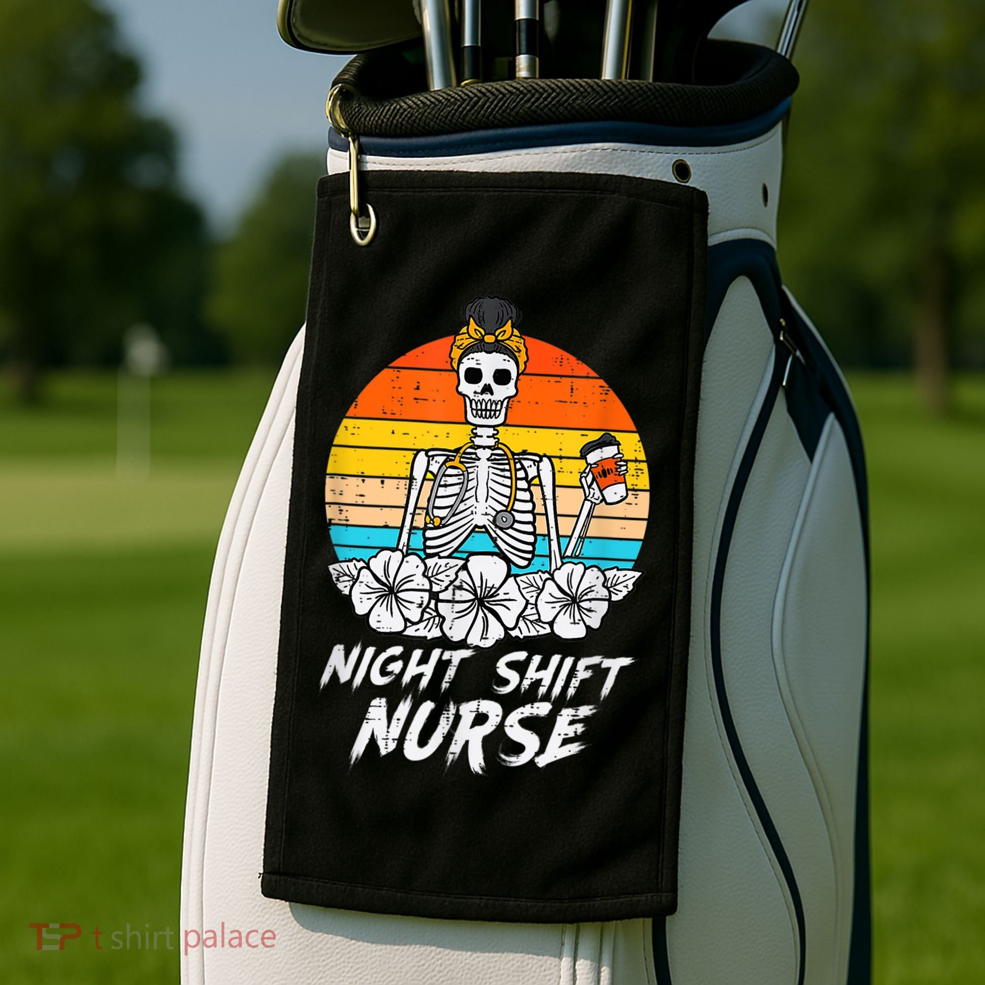 Womens Night Shift Nurse Skeleton Retro Halloween Scrub Golf Towel