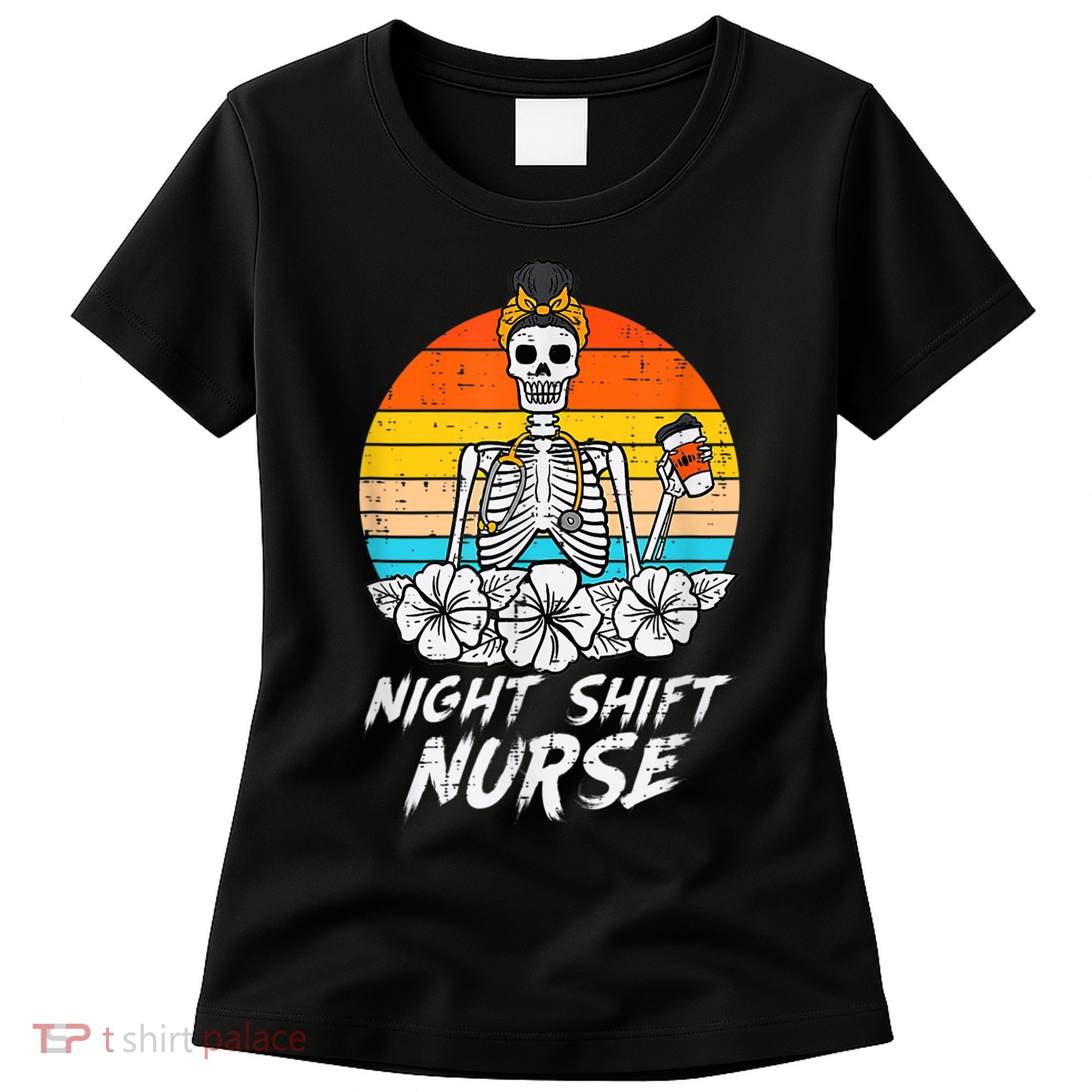 Womens Night Shift Nurse Skeleton Retro Halloween Scrub Women's T-Shirt