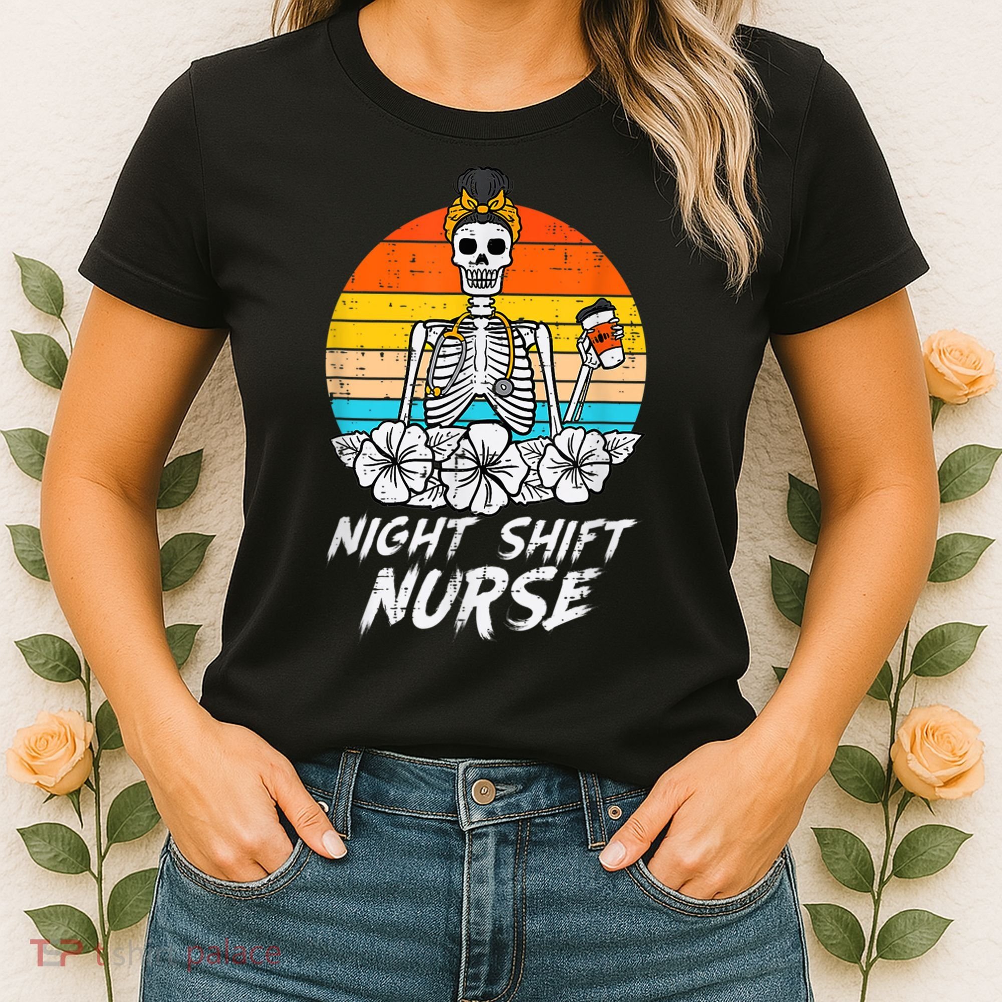 Womens Night Shift Nurse Skeleton Retro Halloween Scrub Women's T-Shirt