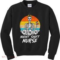 Womens Night Shift Nurse Skeleton Retro Halloween Scrub Kids Sweatshirt thumb 0