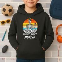 Womens Night Shift Nurse Skeleton Retro Halloween Scrub Kids Hoodie thumb 2