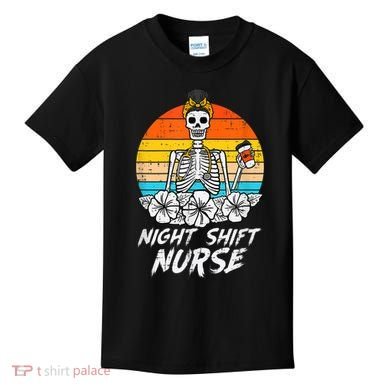 Womens Night Shift Nurse Skeleton Retro Halloween Scrub Kids T-Shirt