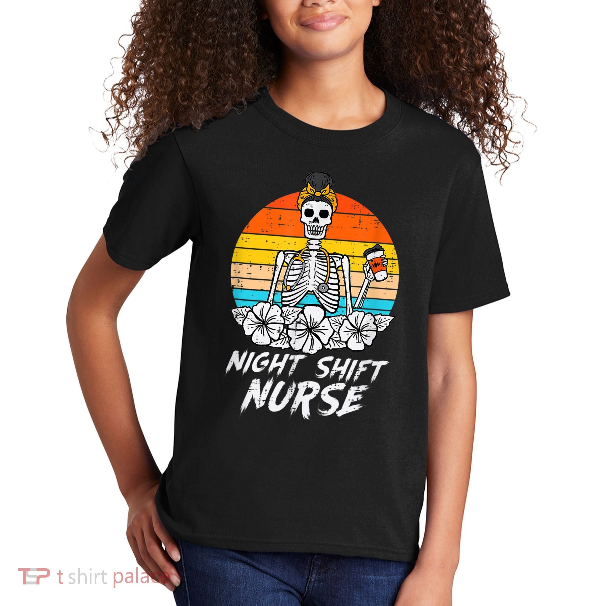 Womens Night Shift Nurse Skeleton Retro Halloween Scrub Kids T-Shirt