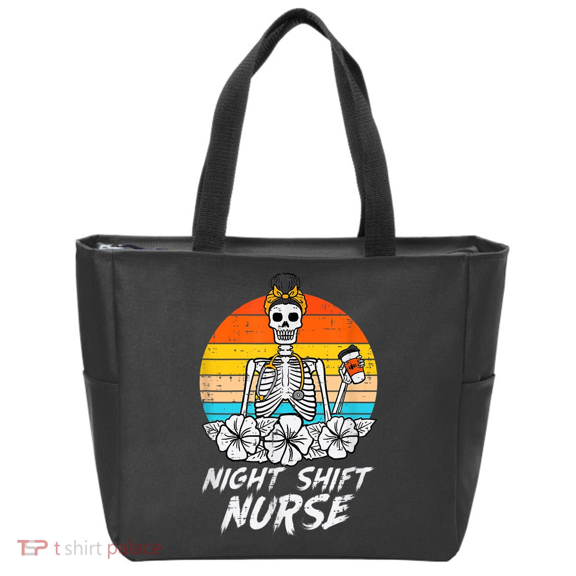 Womens Night Shift Nurse Skeleton Retro Halloween Scrub Tote Bag