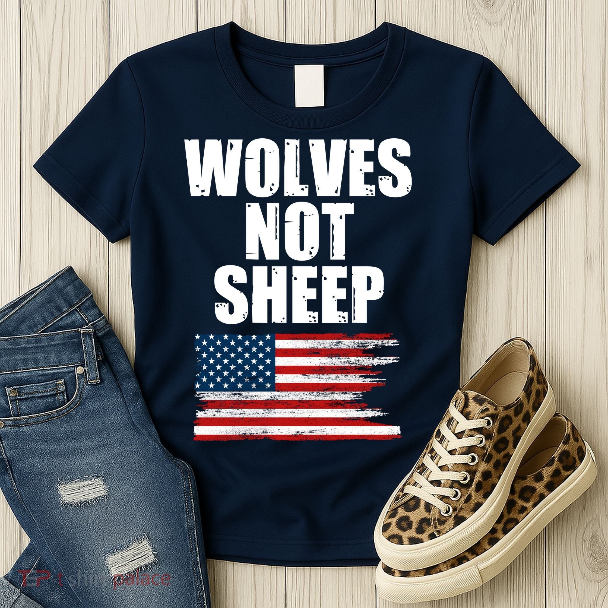 Wolves Not Sheep Distressed American USA Flag Women's T-Shirt