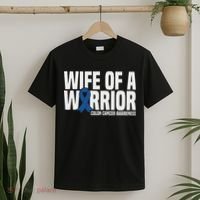 Wife Of A Warrior Blue Ribbon Colon Cancer Awareness T-Shirt thumb 2