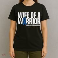 Wife Of A Warrior Blue Ribbon Colon Cancer Awareness T-Shirt thumb 4