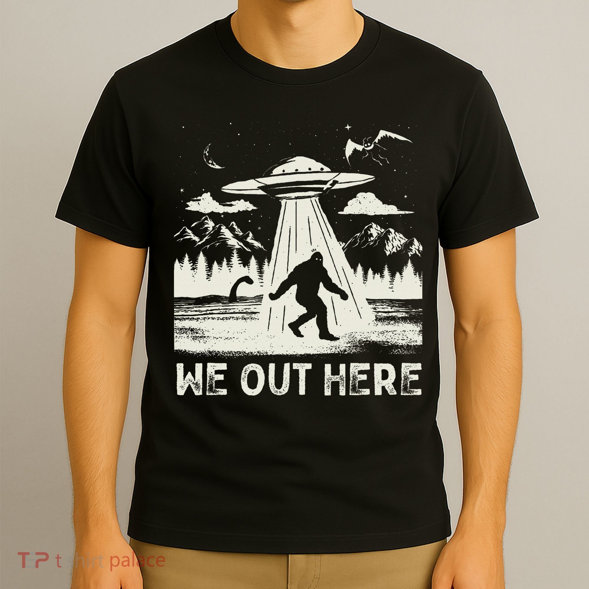 We Out Here Funny Bigfoot Mothman Cryptid Ufo Abduction T-Shirt