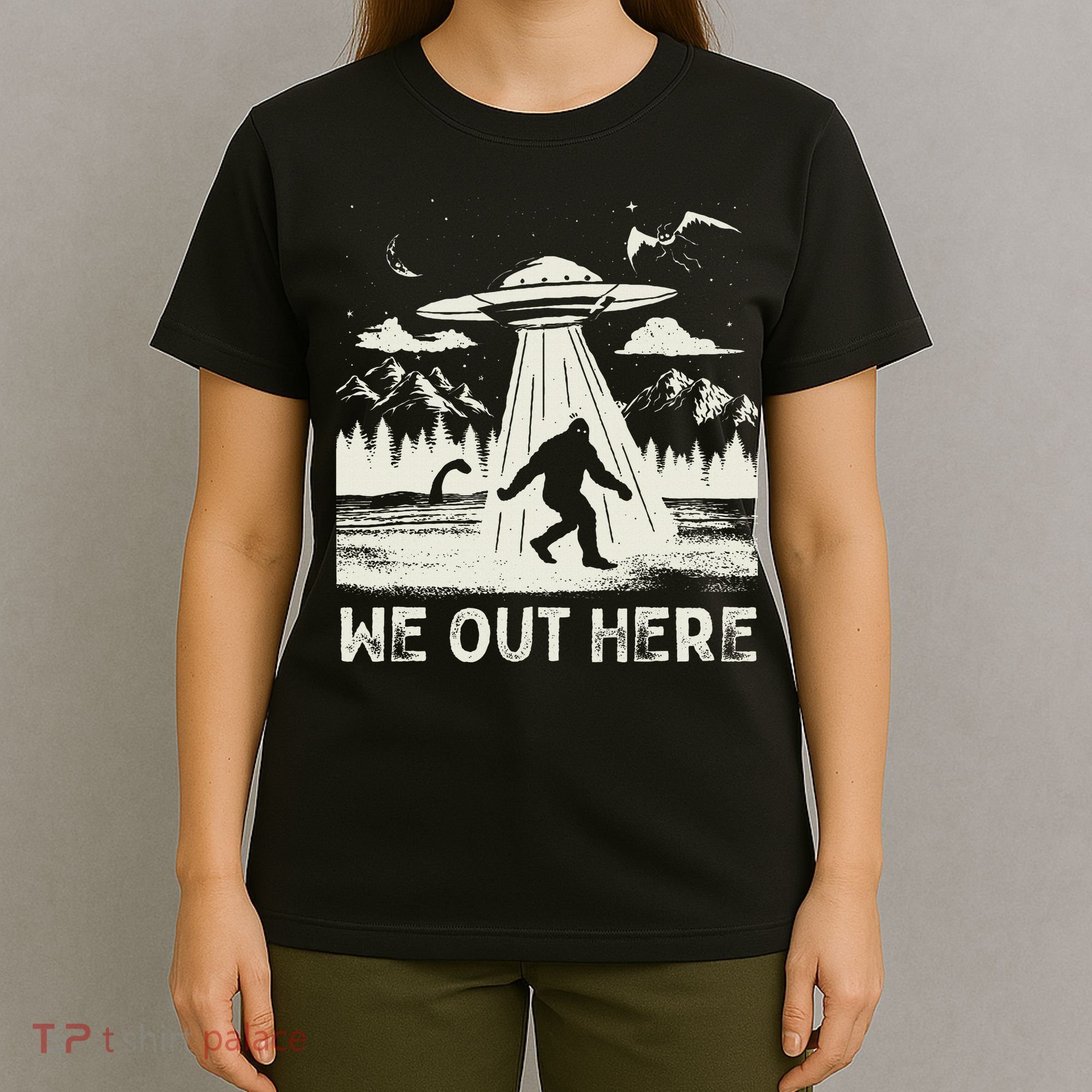 We Out Here Funny Bigfoot Mothman Cryptid Ufo Abduction T-Shirt