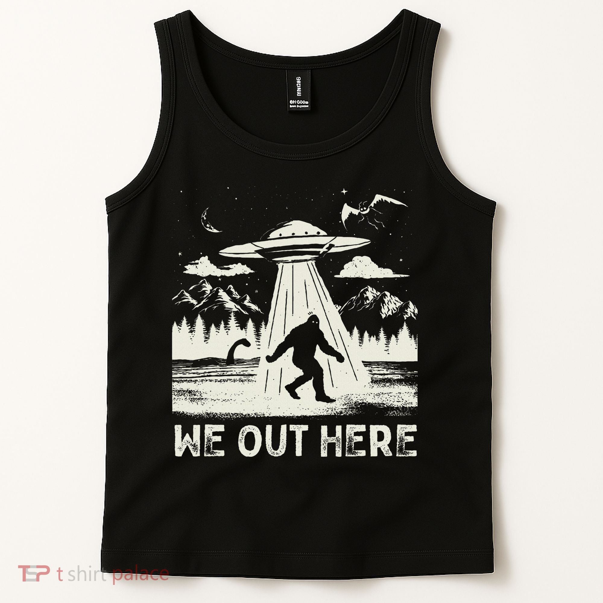 We Out Here Funny Bigfoot Mothman Cryptid Ufo Abduction Tank Top