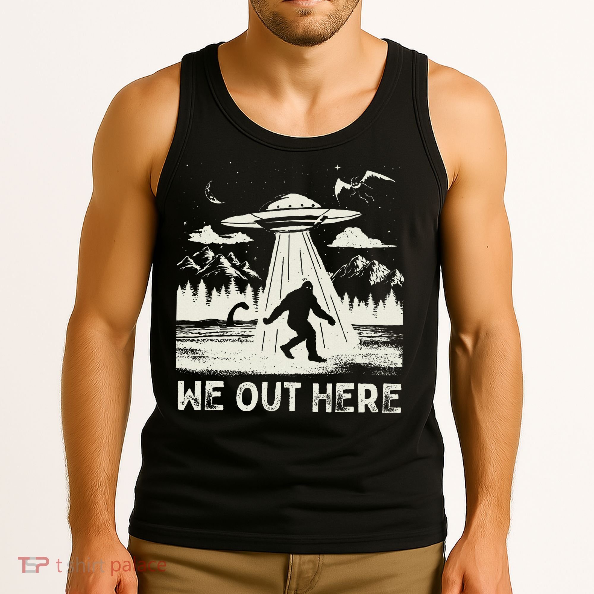 We Out Here Funny Bigfoot Mothman Cryptid Ufo Abduction Tank Top