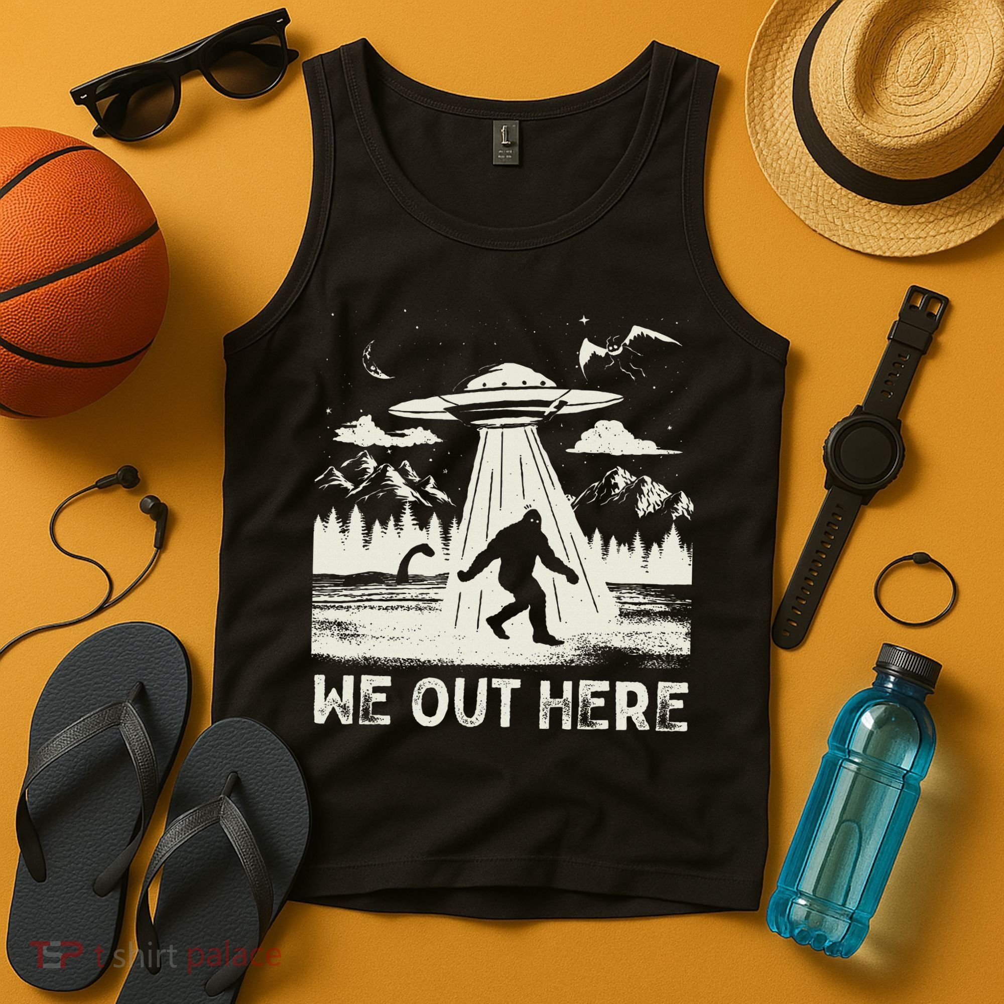 We Out Here Funny Bigfoot Mothman Cryptid Ufo Abduction Tank Top