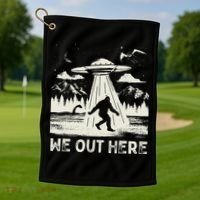 We Out Here Funny Bigfoot Mothman Cryptid Ufo Abduction Golf Towel thumb 1