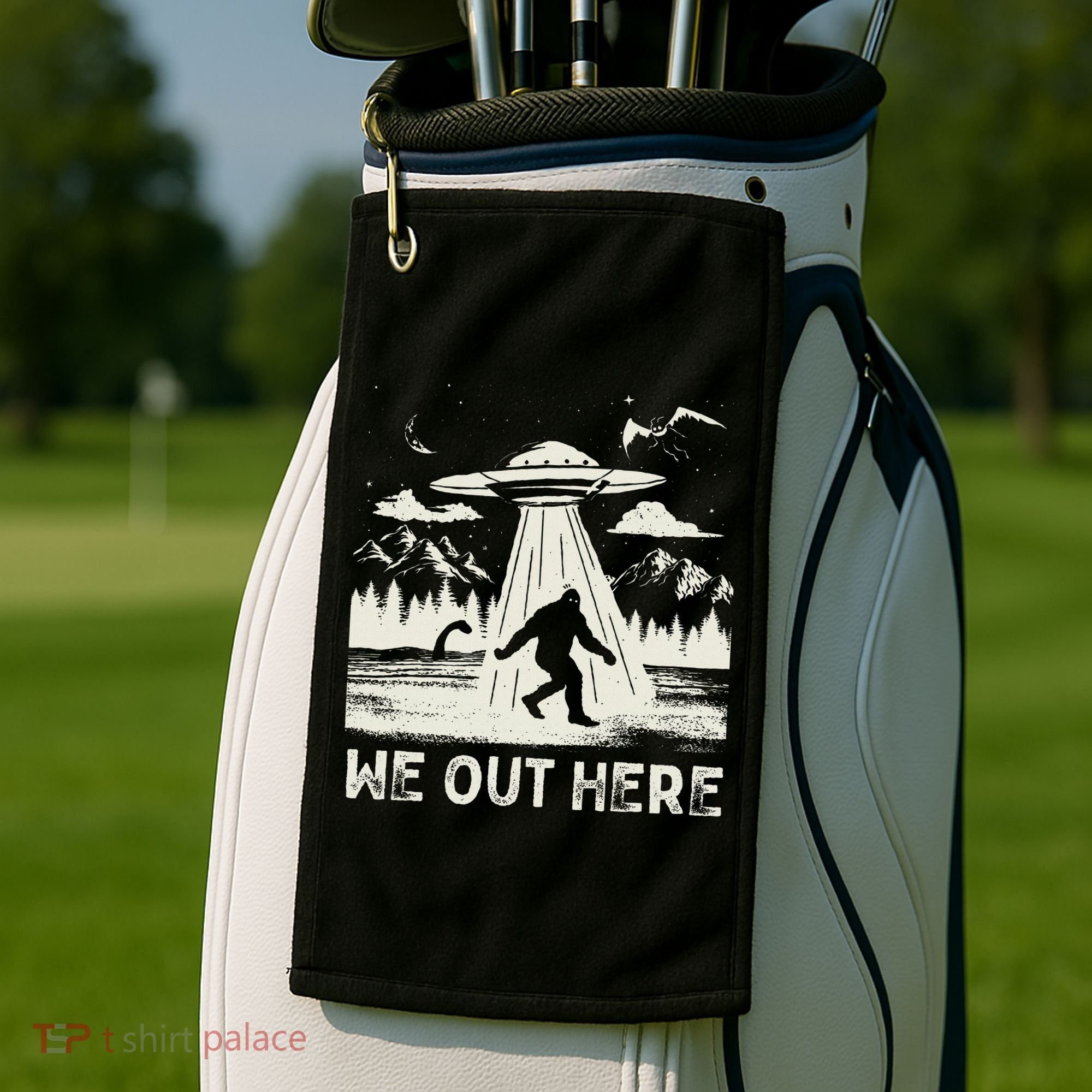 We Out Here Funny Bigfoot Mothman Cryptid Ufo Abduction Golf Towel
