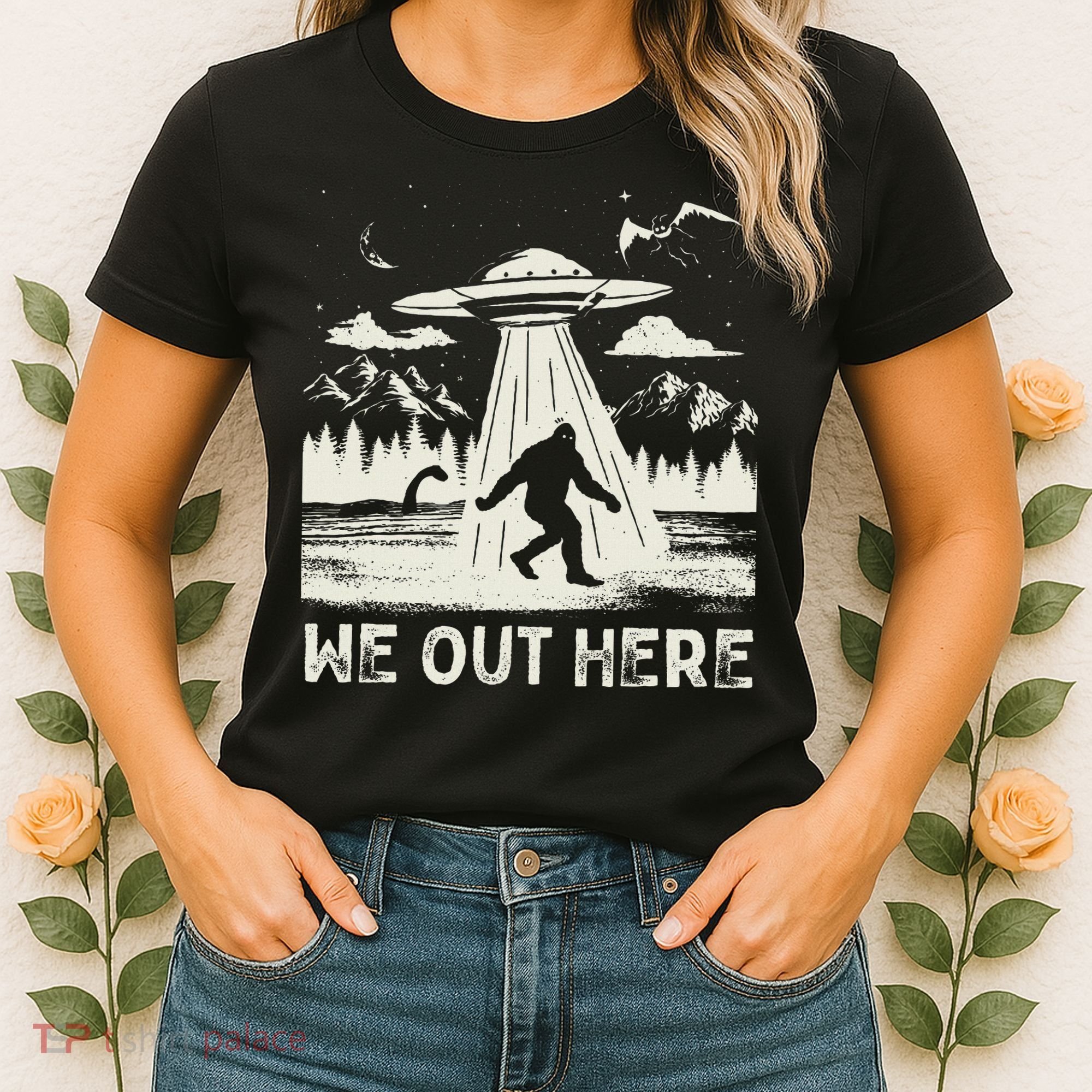 We Out Here Funny Bigfoot Mothman Cryptid Ufo Abduction Women's T-Shirt