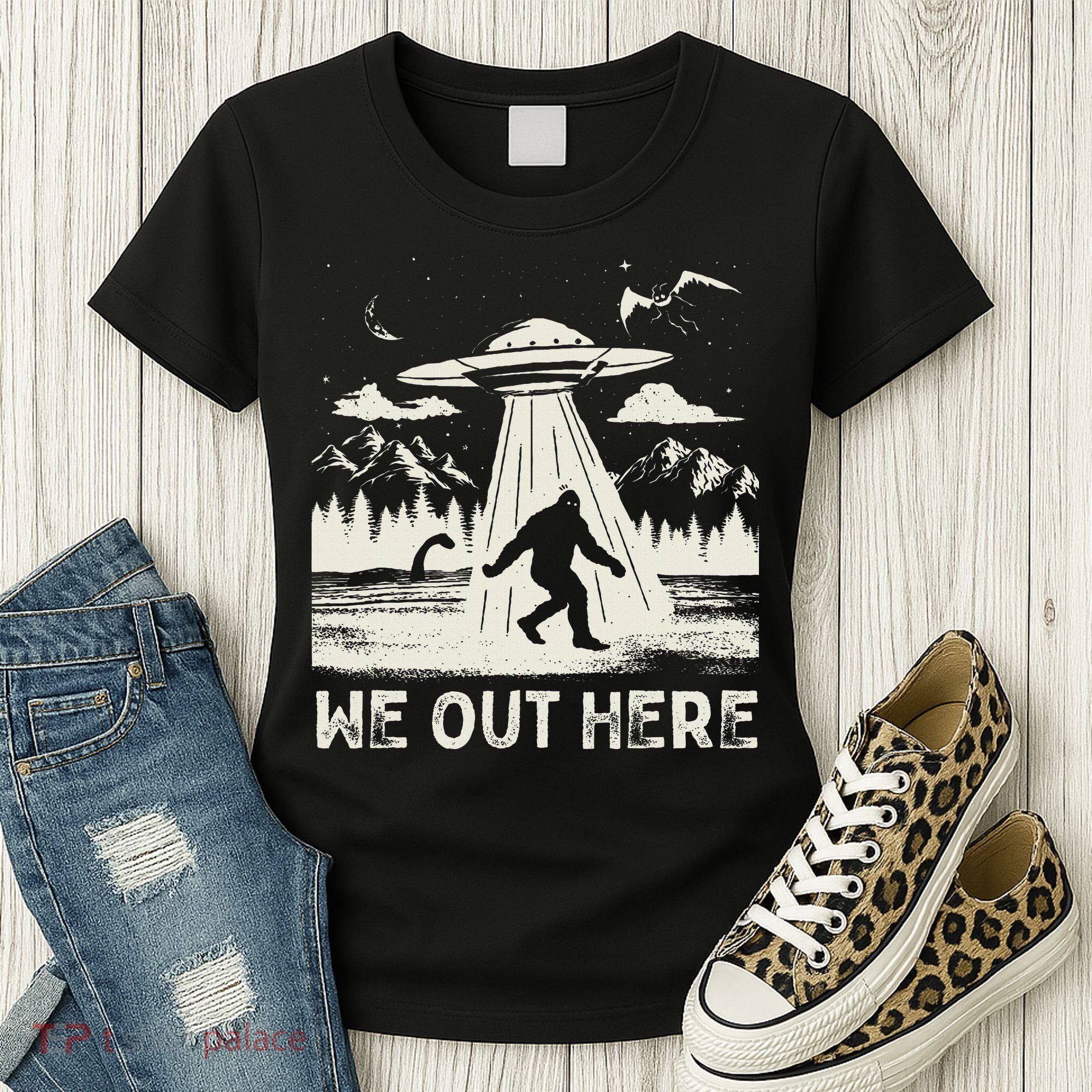 We Out Here Funny Bigfoot Mothman Cryptid Ufo Abduction Women's T-Shirt