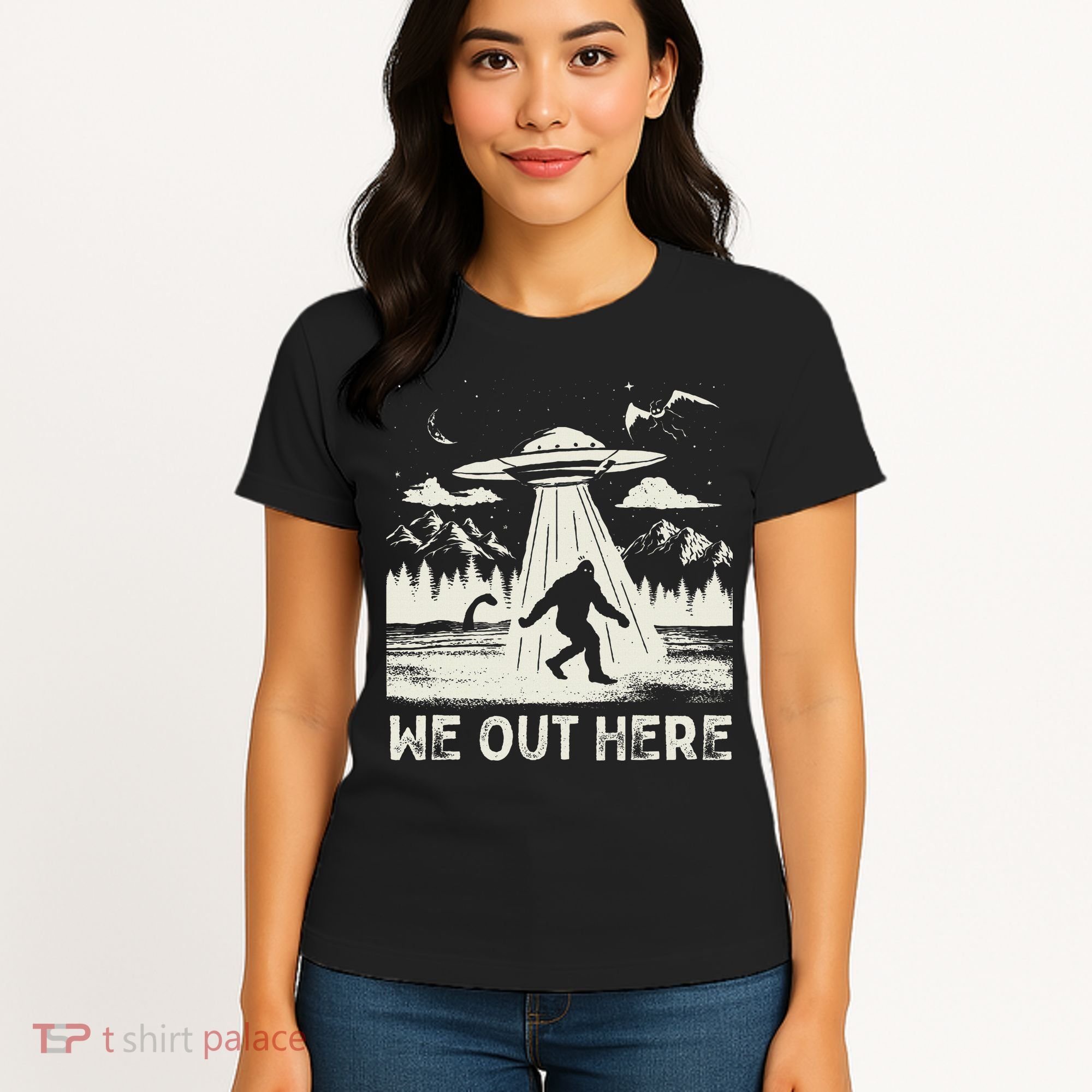 We Out Here Funny Bigfoot Mothman Cryptid Ufo Abduction Women's T-Shirt