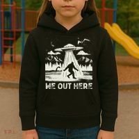 We Out Here Funny Bigfoot Mothman Cryptid Ufo Abduction Kids Hoodie thumb 3