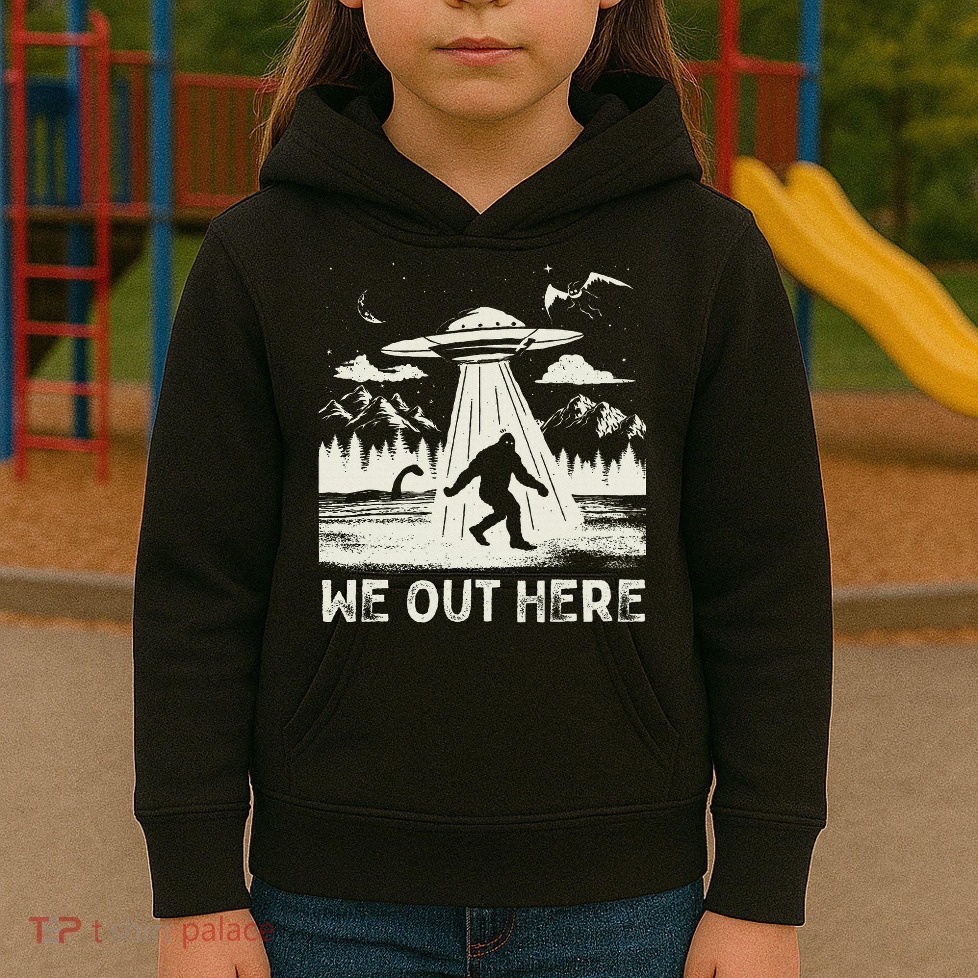 We Out Here Funny Bigfoot Mothman Cryptid Ufo Abduction Kids Hoodie