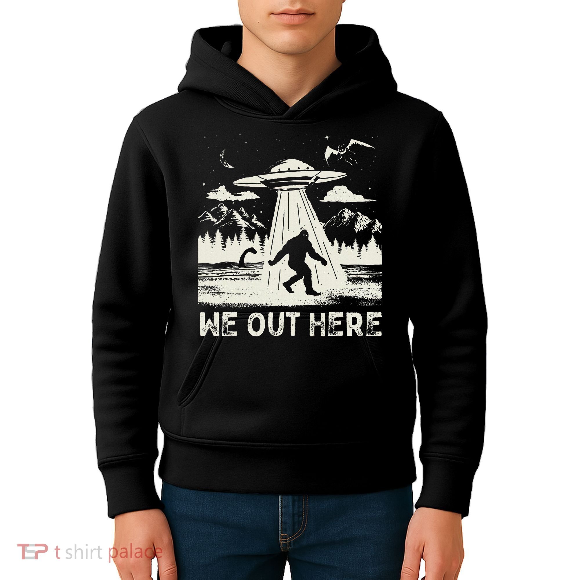 We Out Here Funny Bigfoot Mothman Cryptid Ufo Abduction Kids Hoodie