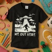 We Out Here Funny Bigfoot Mothman Cryptid Ufo Abduction Kids T-Shirt thumb 3